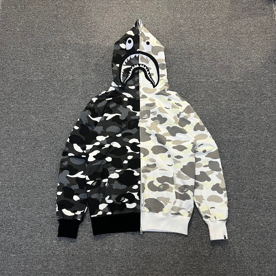 BAPE Shark Full-Zip Hoodie – Split Camo Noir/Blanc