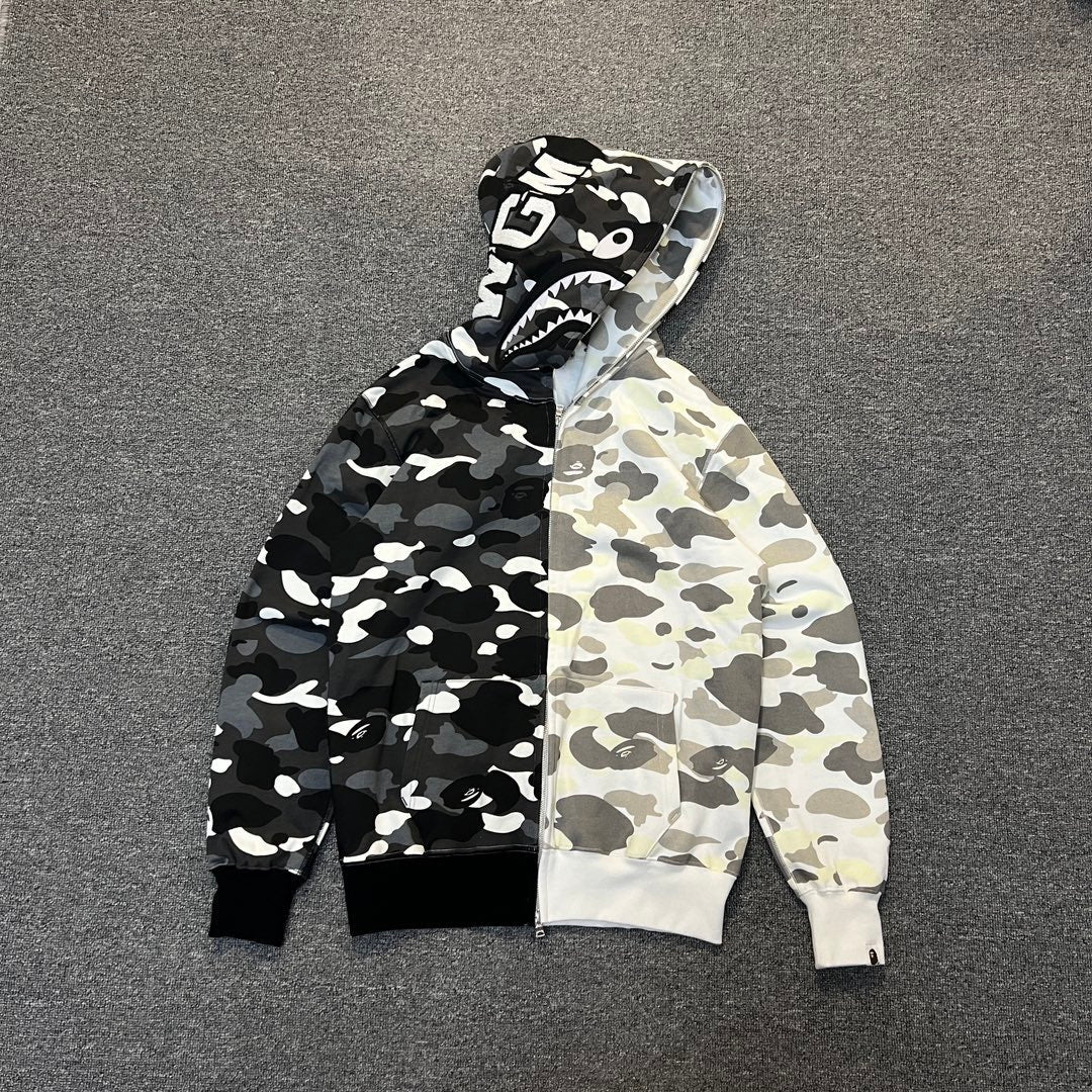 BAPE Shark Full-Zip Hoodie – Split Camo Noir/Blanc