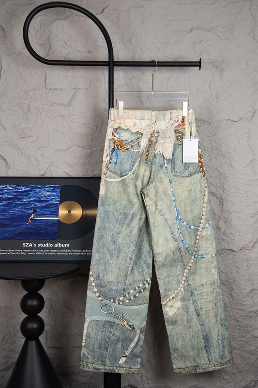 Jean Artisan Patchwork avec Chaînes de Perles